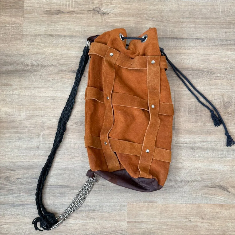 Brown Suede Drawstring Backpack Boho - Picture 3 of 8
